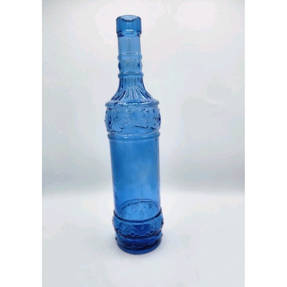 Vintage Decorative 12" Blue Embossed Pressed Glass Bottle Decanter - Picture 3 of 7